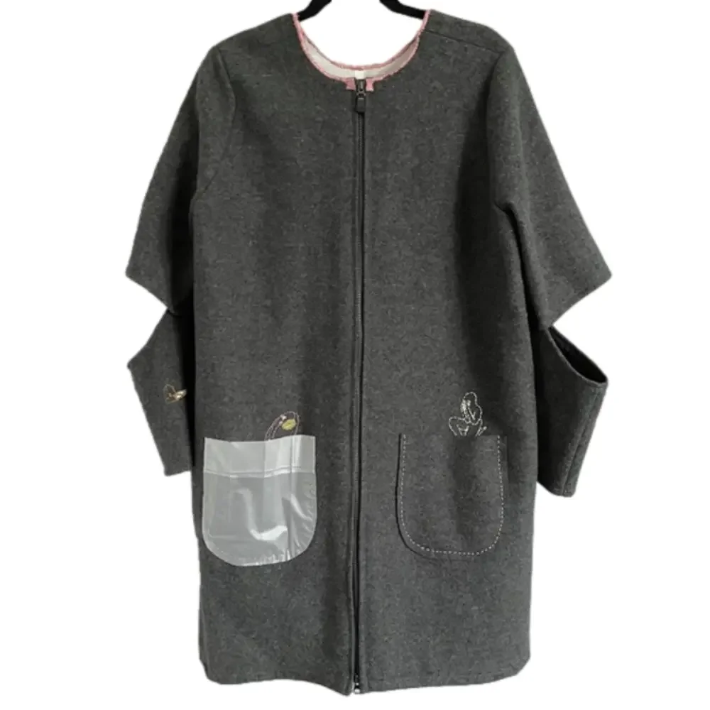 Handmade Gray Wool Elbow Cut-Out Embroidered Mid-Length Coat - 6/8, M, OOAK! - Picture 12 of 14